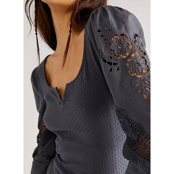 Free People Brunch Date Top Henley Metal Stiletto L Gray Boho Lace Cottagecore - Picture 5 of 14